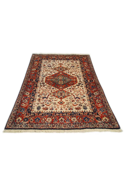 Exclusive Qashqai rug, cream-colored pattern with red and blue borders