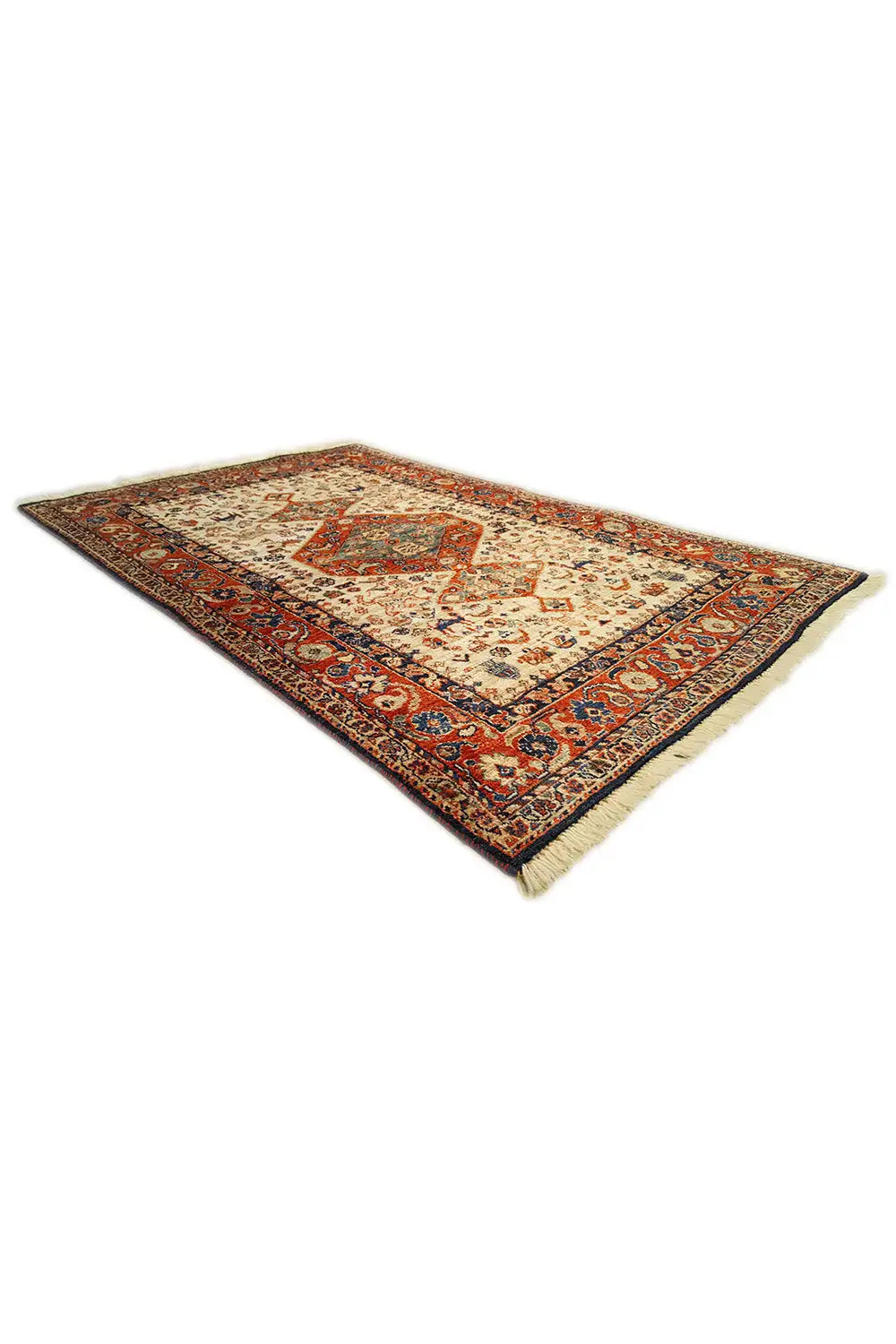 Cream-colored rug with a folded-look design, red border, and central medallion