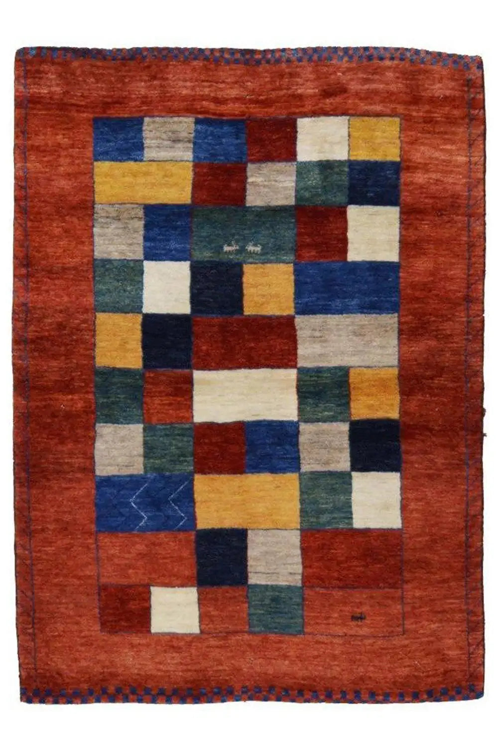 Rectangular Lori Gabbeh rug, reddish brown with symmetrical patchwork of quadrilaterals