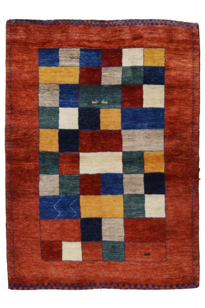 Rectangular Lori Gabbeh rug, reddish brown with symmetrical patchwork of quadrilaterals