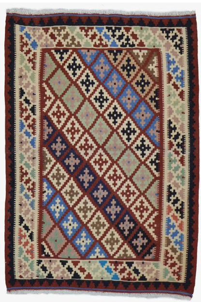 Kilim rug with a central diamond pattern in cream, red, blue and dark brown