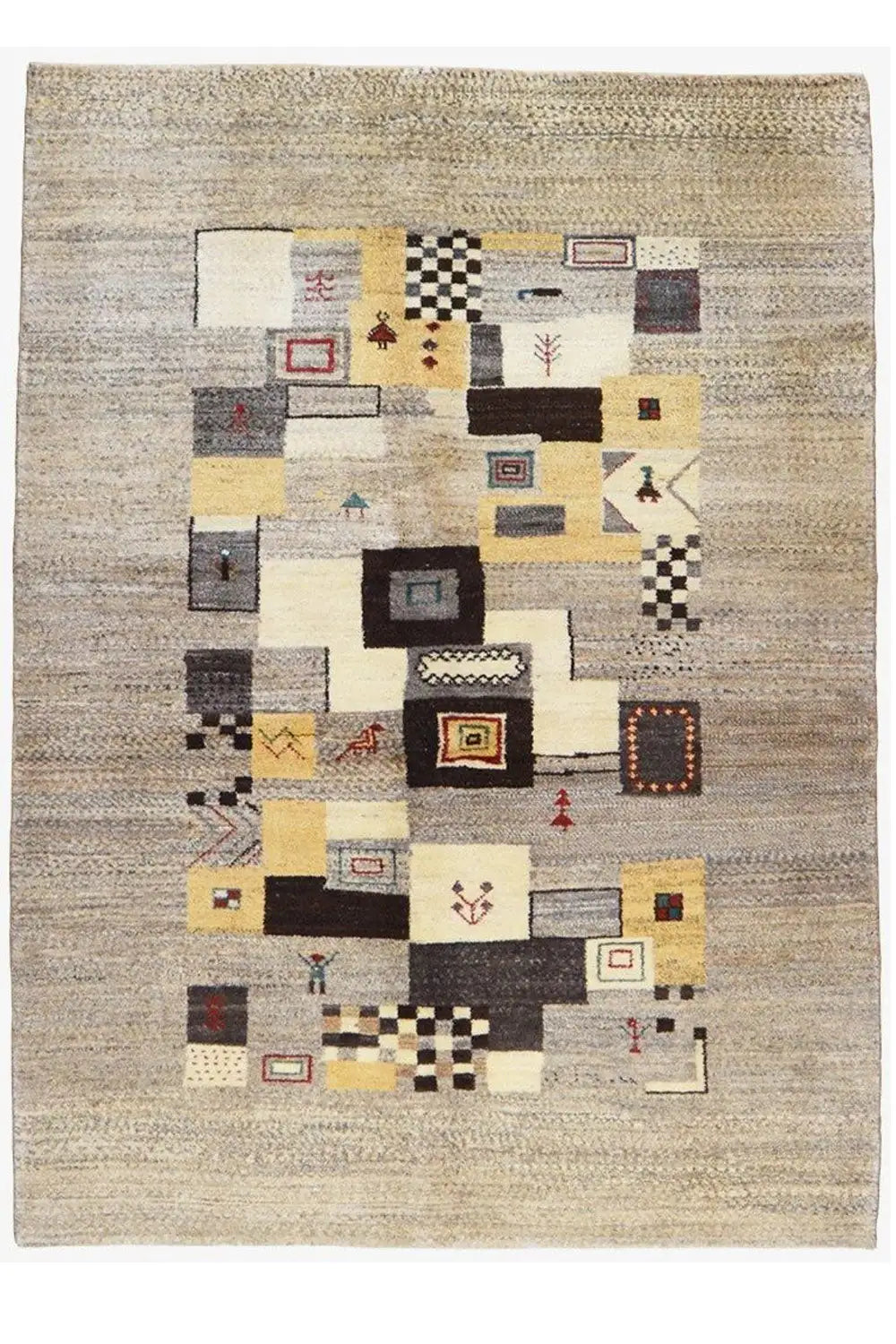 Gabbeh rug 208x152 cm with a square patchwork pattern in beige, gray, and colorful accents