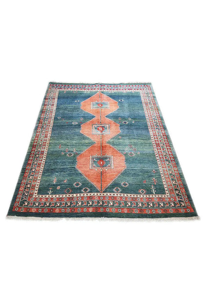 Yalameh rug 244x176 cm, blue-green design with orange diamonds and border