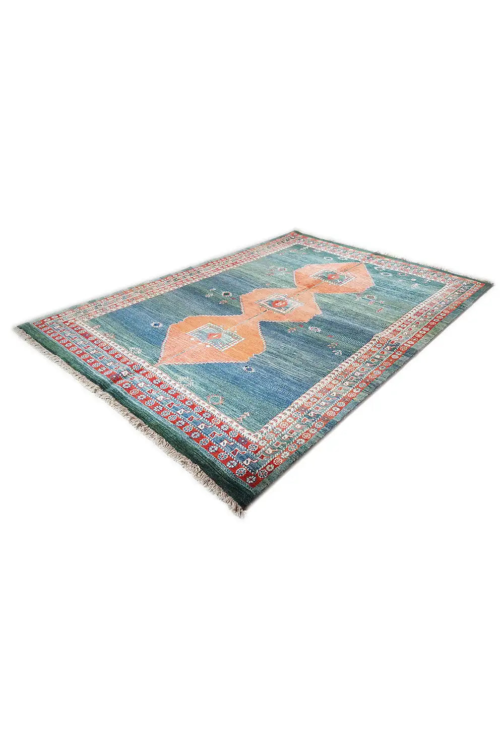 Yalameh rug 244x176 cm, blue-green pattern with orange diamond-shaped medallions