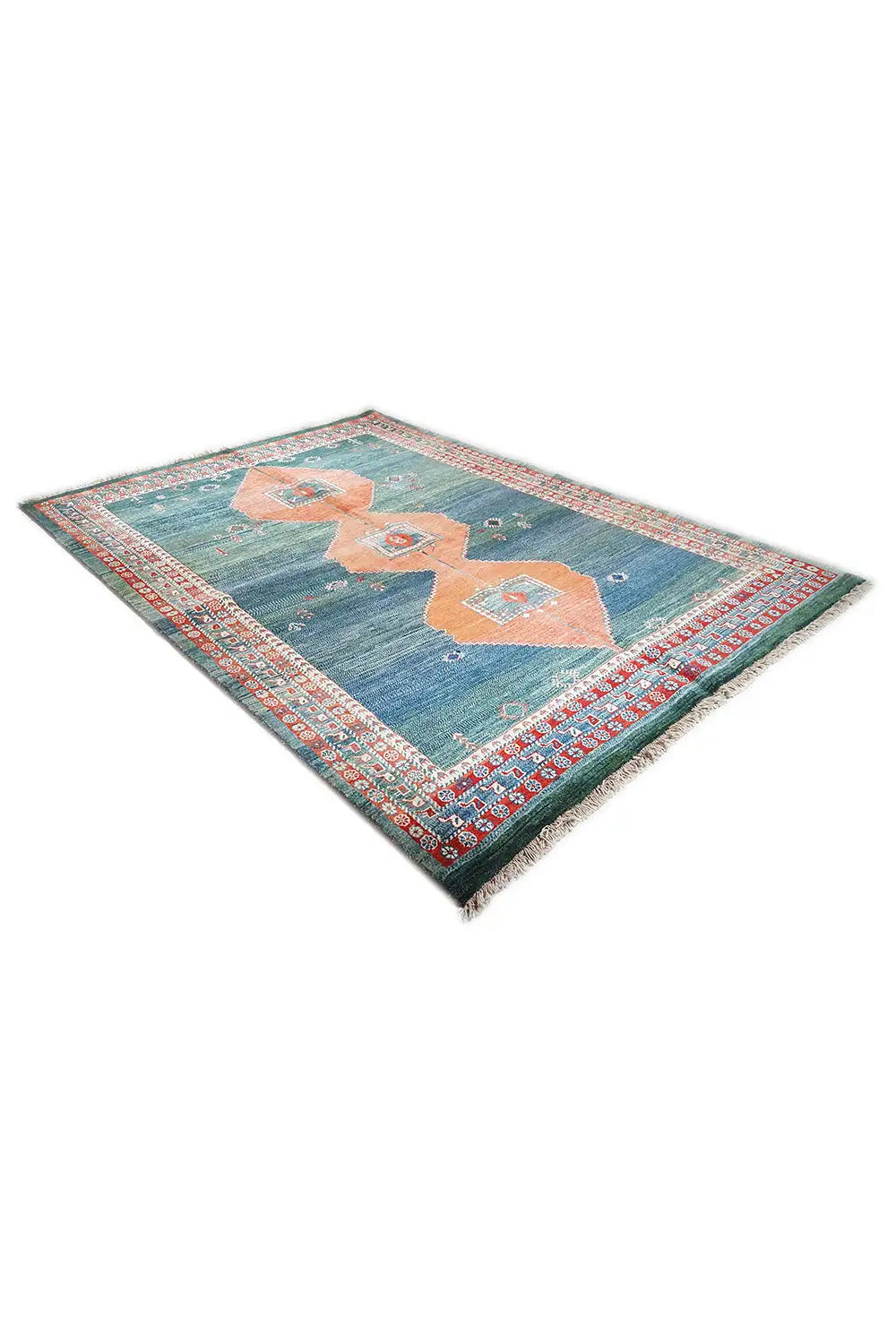 Yalameh rug 244x176 cm, blue-green rug with orange motifs and decorative border