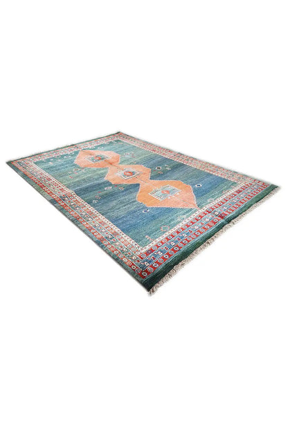 Yalameh rug 244x176 cm, blue-green rug with orange motifs and decorative border
