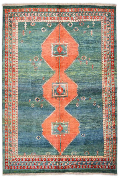 Yalameh rug, 244x176 cm, blue-green pile with an orange geometric pattern