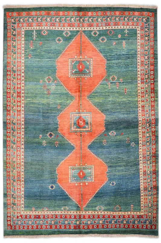 Yalameh rug, 244x176 cm, blue-green pile with an orange geometric pattern