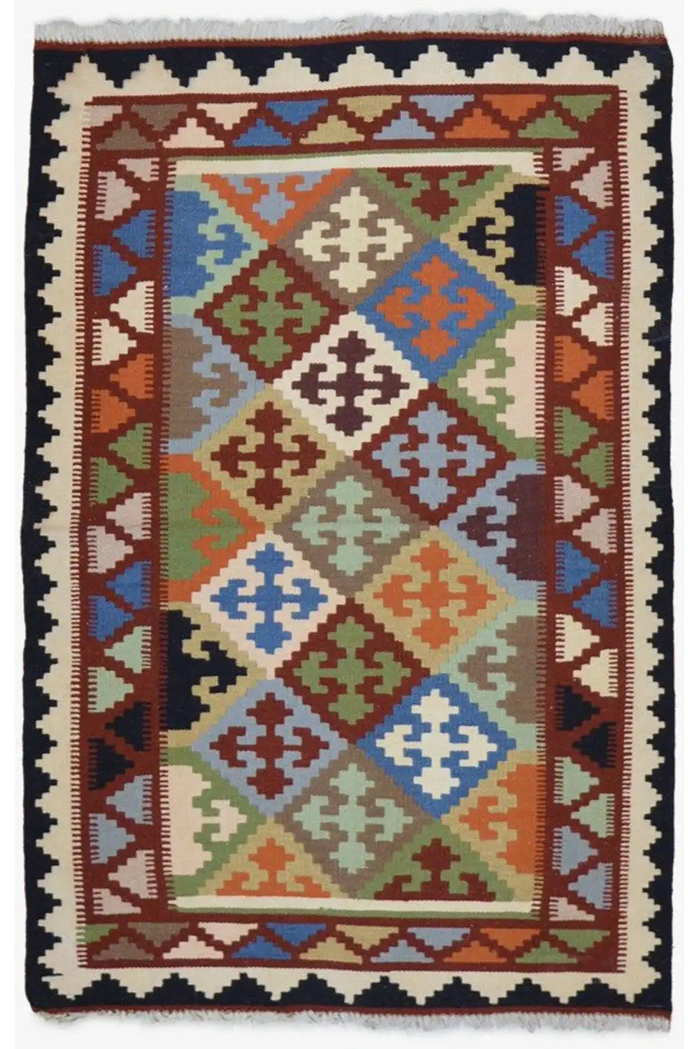 Kilim Qashqai rug with a colorful central field of diamonds and a border with a cross pattern