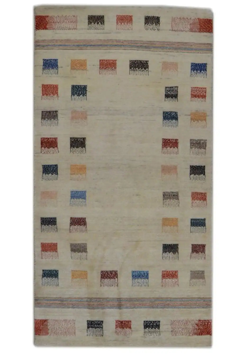 Rectangular Gabbeh rug, beige background with a colorful grid pattern of squares