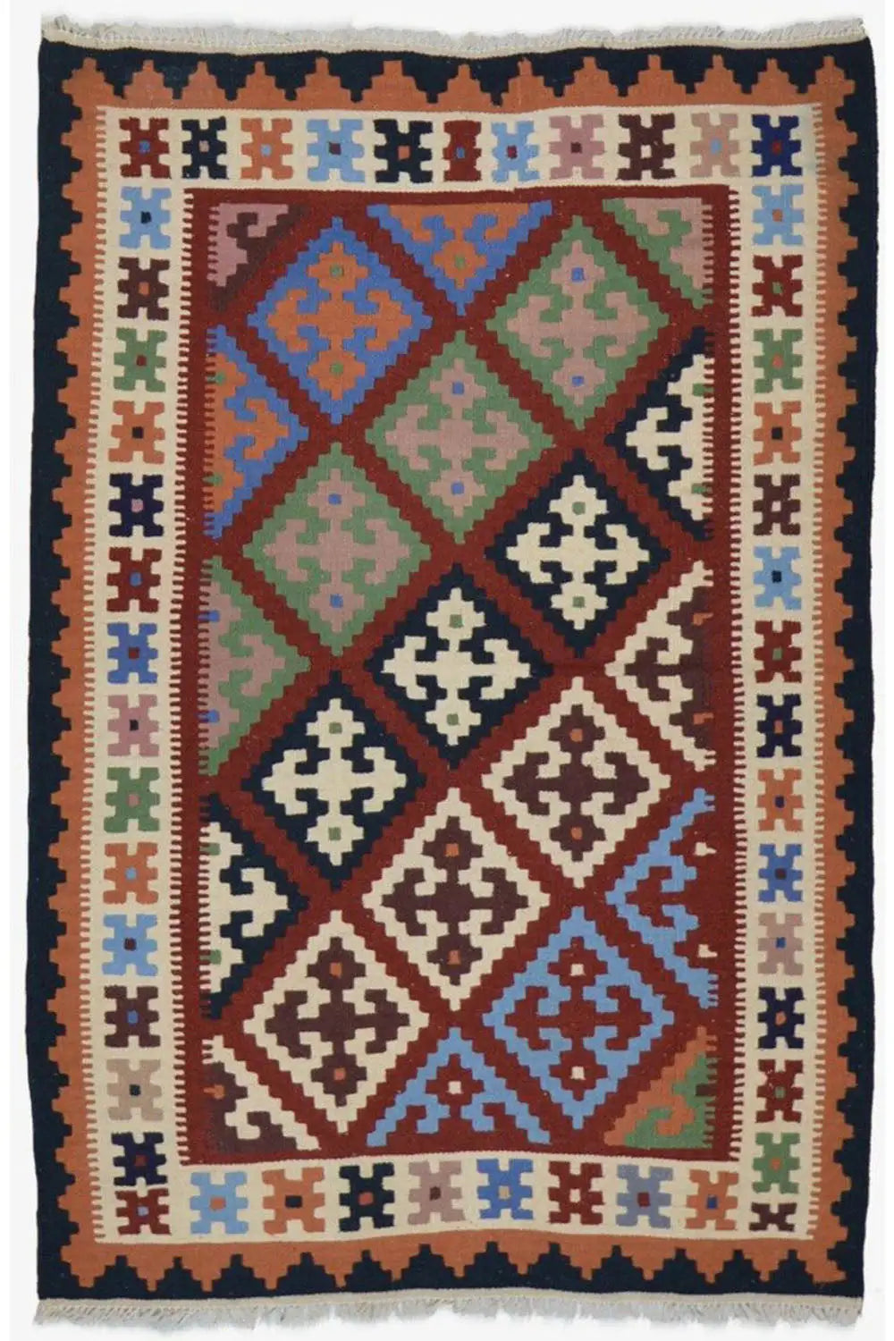 Kilim rug with a multicolored diamond and cross pattern, surrounded by a border