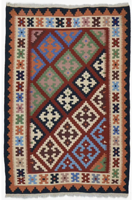 Kilim rug with a multicolored diamond and cross pattern, surrounded by a border