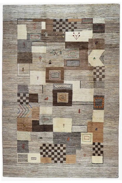 Rug 297x197 cm with square patchwork in beige, gray, and brown