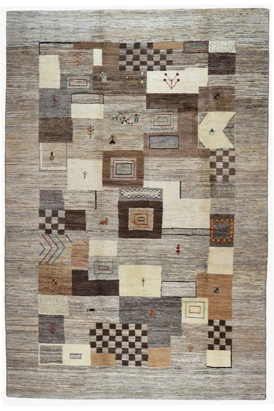 Rug 297x197 cm with square patchwork in beige, gray, and brown