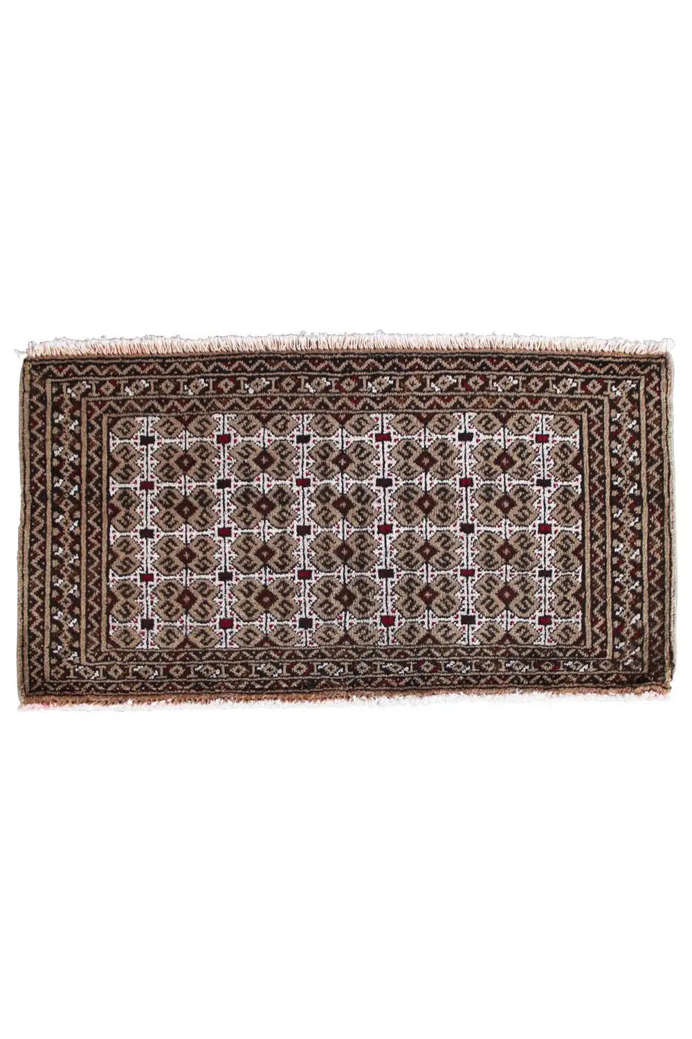 Rectangular Turkmen rug with diamond ornaments, a wide border, and fringes on the sides