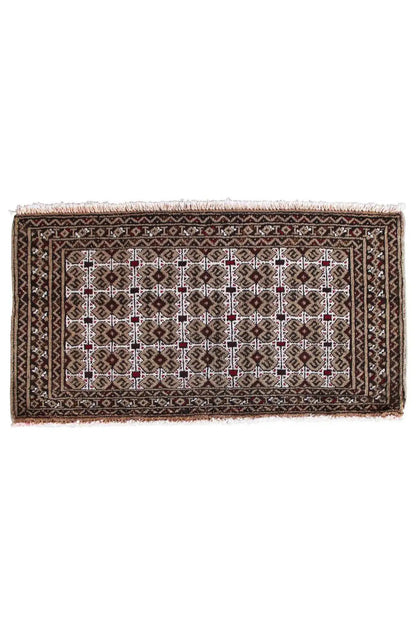 Rectangular Turkmen rug with diamond ornaments, a wide border, and fringes on the sides
