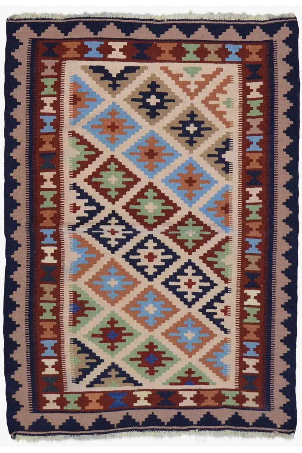 Kilim 145x103 cm with a multicolored geometric pattern, dark border, and short fringes