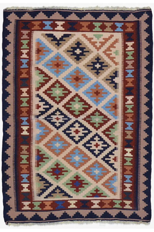 Kilim 145x103 cm with a multicolored geometric pattern, dark border, and short fringes