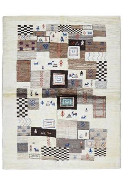 Gabbeh rug with a light background and a square patchwork pattern in blue and brown.