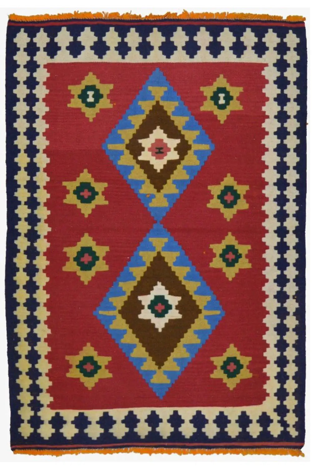 Qashqai kilim rug 150x100 cm with a red background, blue central ornament, and border