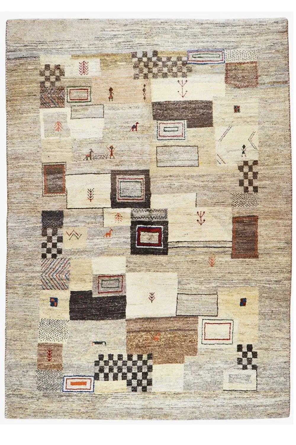 Gabbeh rug with patchwork shapes and decorative elements on a beige background