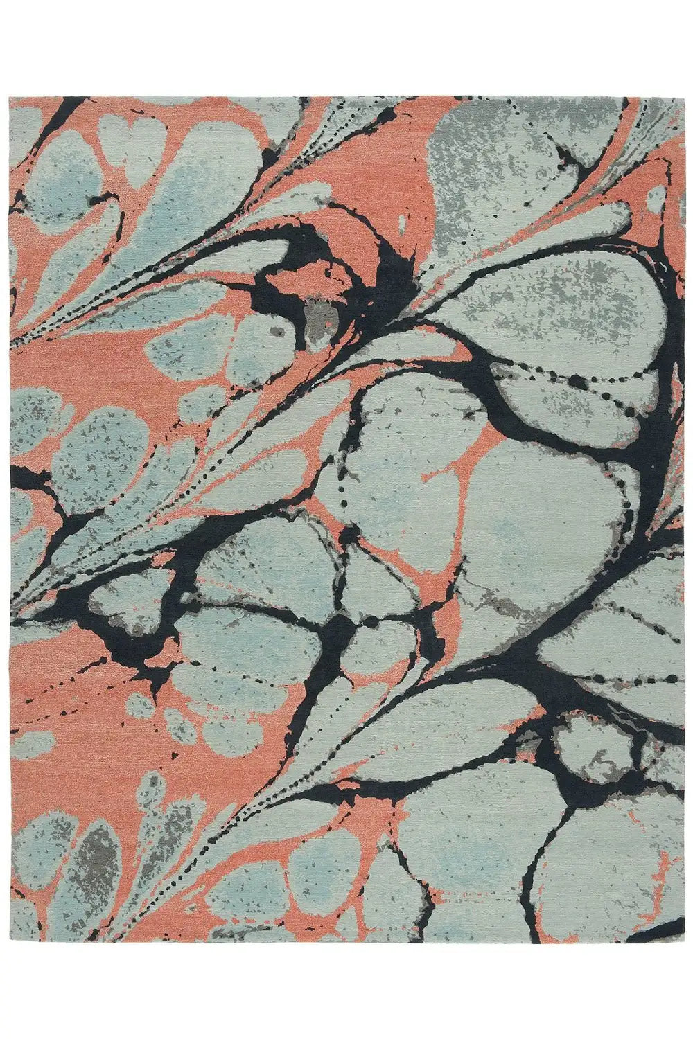 Rug with a large abstract pattern in terracotta, blue, and gray