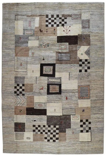 Gabbeh rug 9300345: geometric patchwork in light beige, gray and black