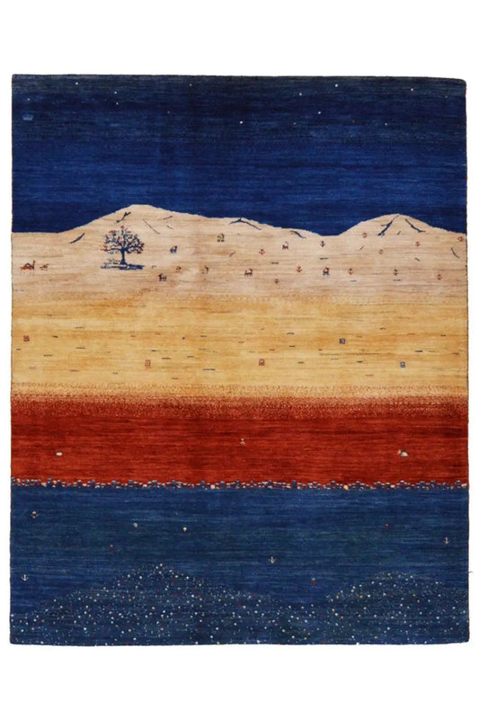 Rug with a blue upper and lower section, a beige horizon band, and a red central zone