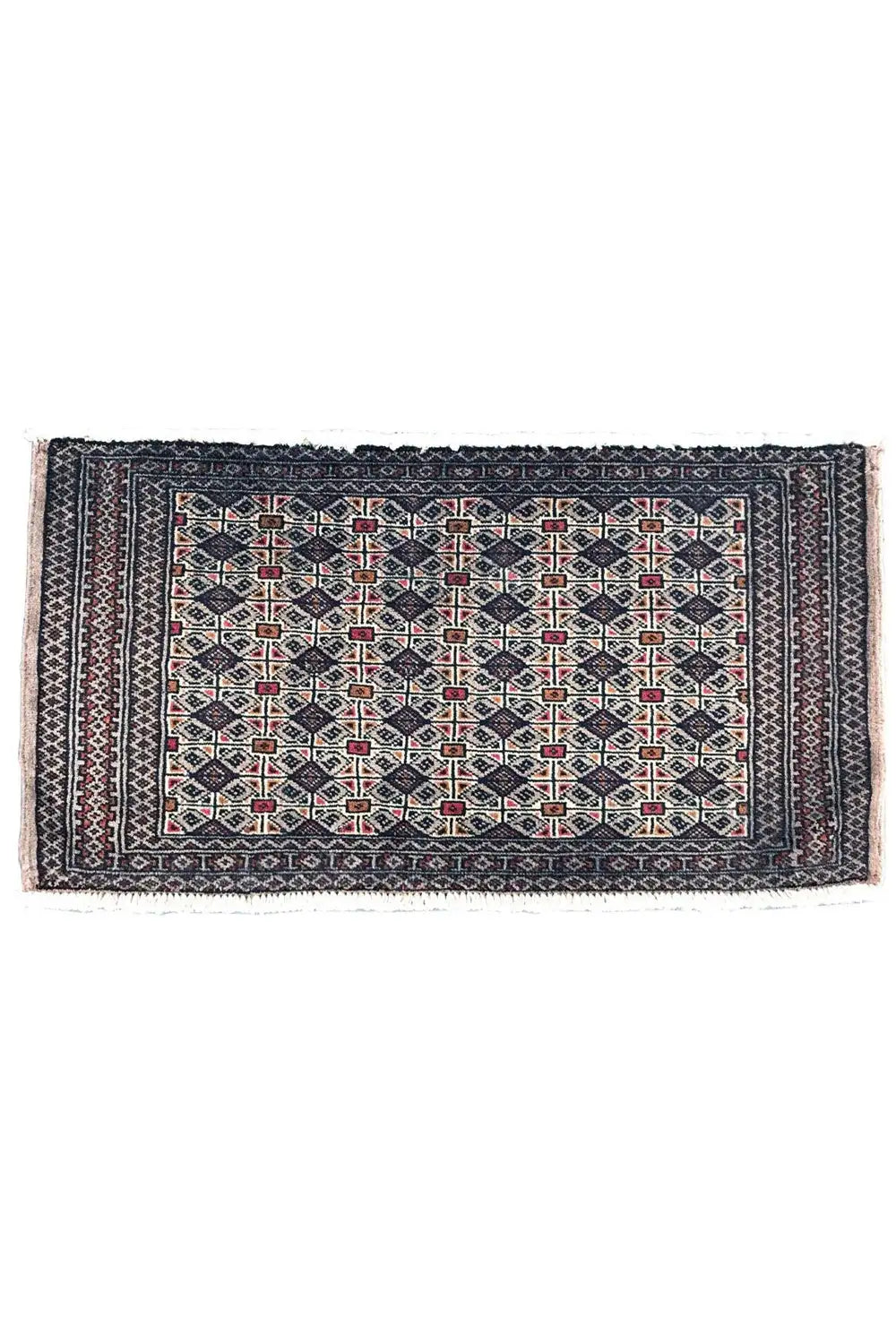 Rectangular Turkmen Poshti rug, dark blue patterned with red and beige lines