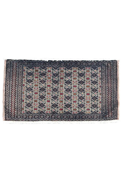 Rectangular Turkmen Poshti rug, dark blue patterned with red and beige lines