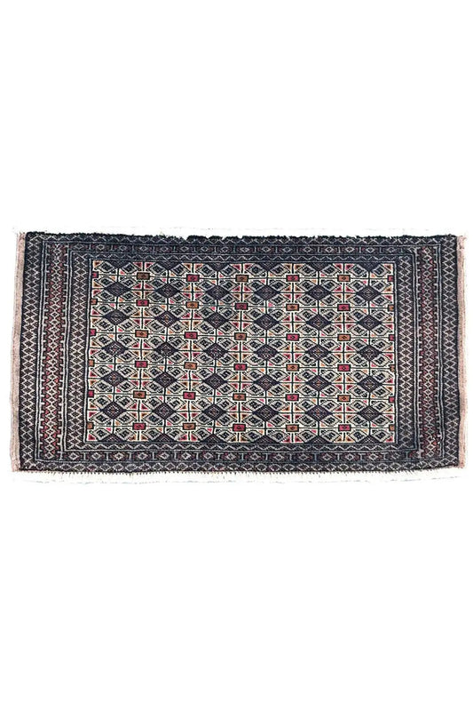 Rectangular Turkmen Poshti rug, dark blue patterned with red and beige lines