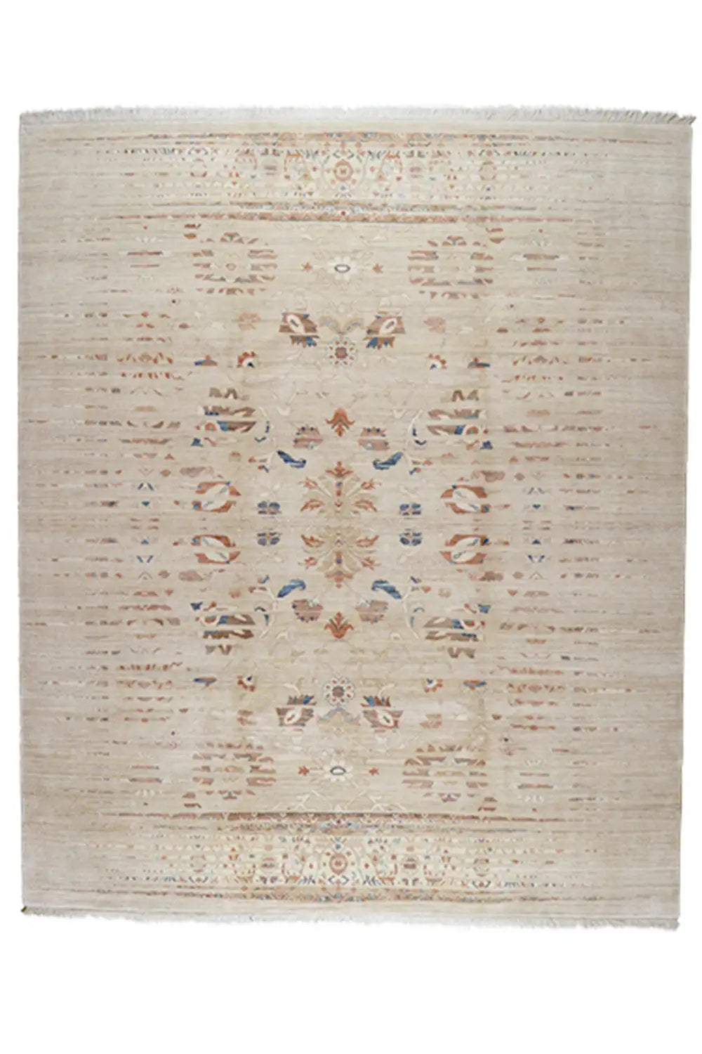 Designer rug front view: beige pattern with multicolored ornaments, rectangular