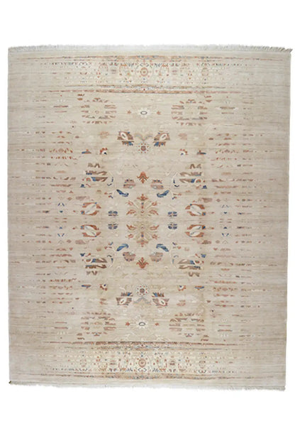 Designer rug front view: beige pattern with multicolored ornaments, rectangular