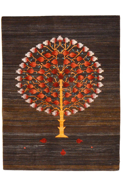 Lori Gabbeh rug with central tree motif, brown base, red/yellow