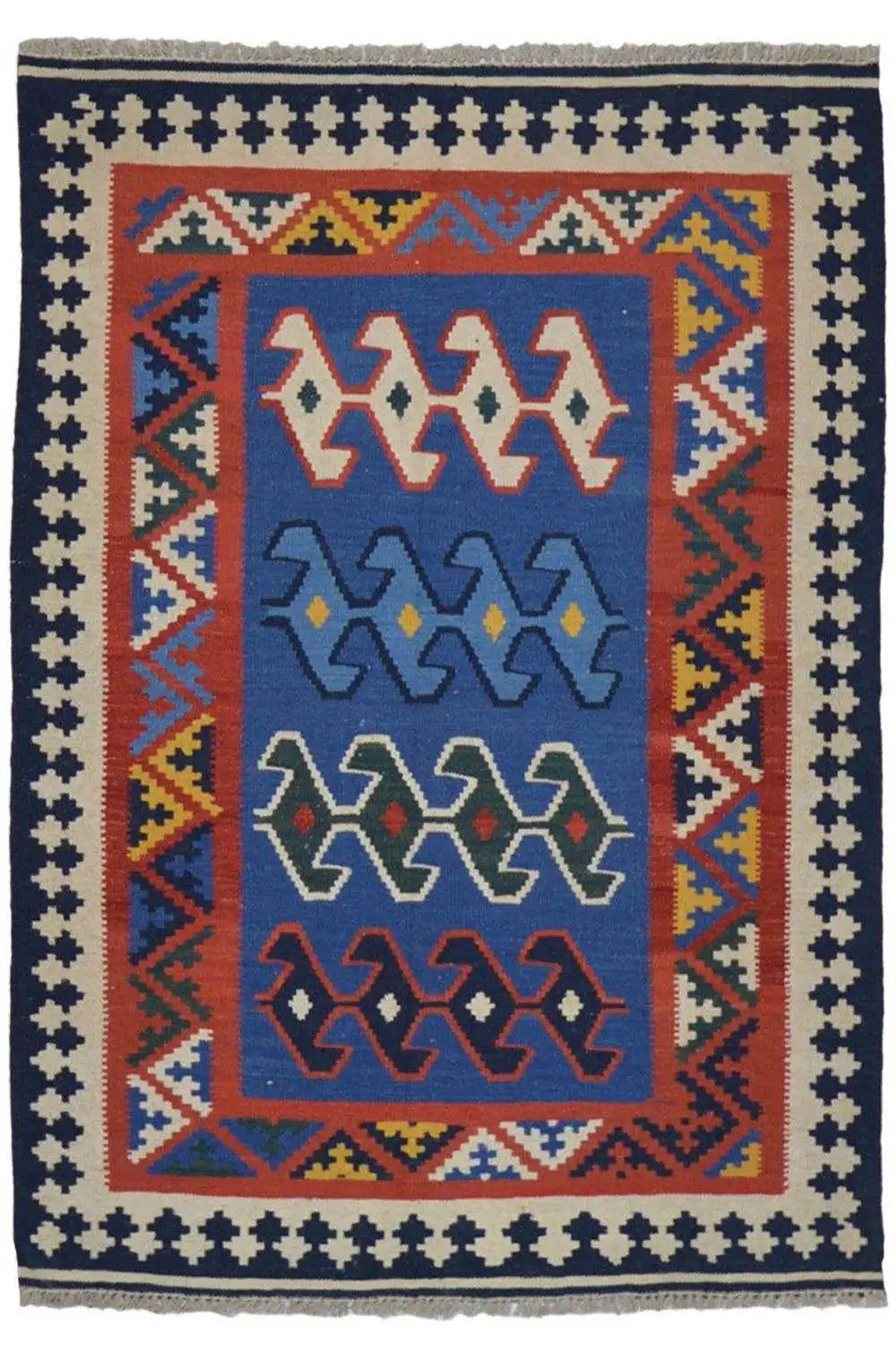 Multicolored kilim with a rectangular central field and dark blue border