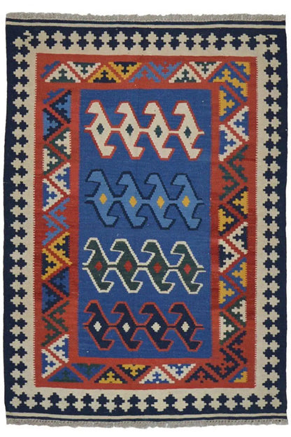 Multicolored kilim with a rectangular central field and dark blue border