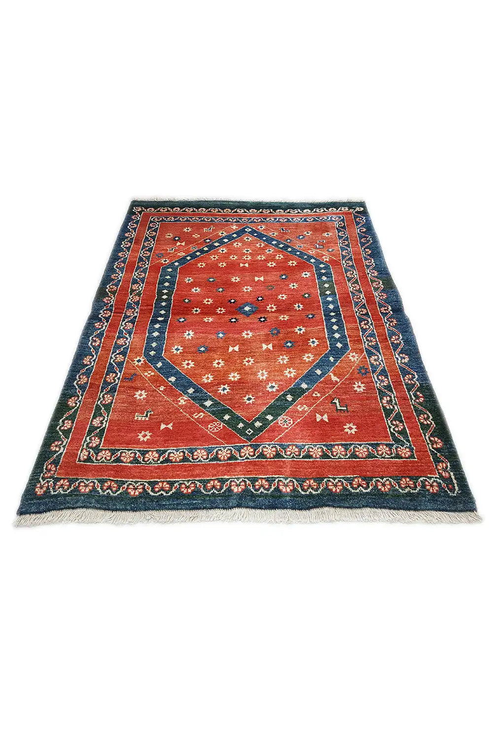 Flat-woven rug with a square medallion, dark blue border, and red inner field