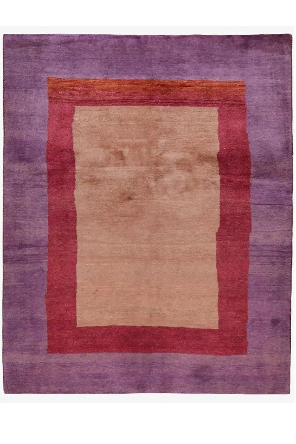 Gabbeh rug with a square pattern: purple field, red border, beige center.