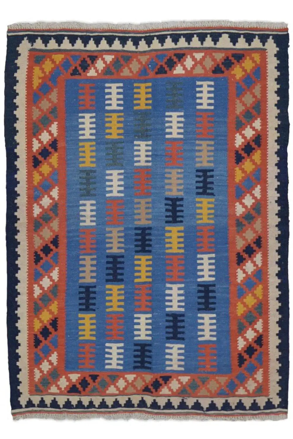 Kilim rug with a centered square stripe pattern in blue, red, and orange