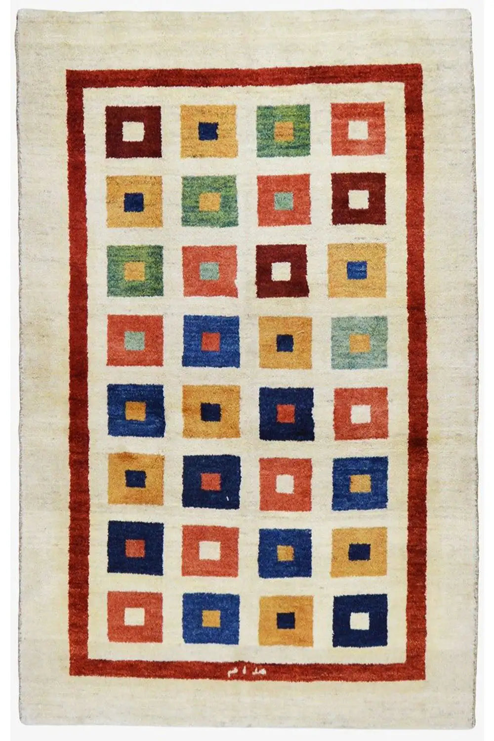 Gabbeh rug (203x129 cm) lying flat: beige background, red border, colorful squares