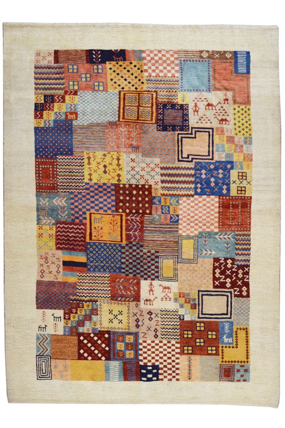Rectangular “Lori” Gabbeh rug, patchwork motifs in yellow, blue, red, and beige