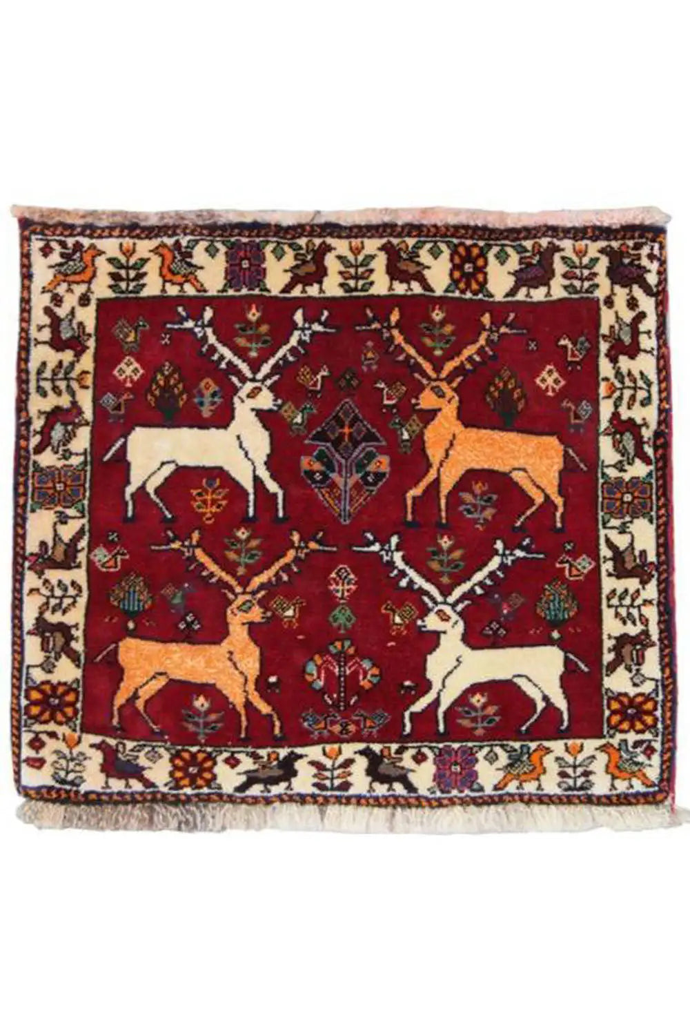 Qashqai rug 61x54 cm, red central field with white and yellow animal motifs