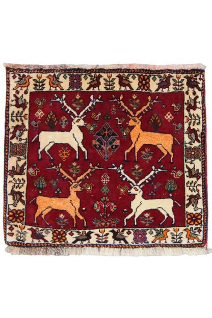 Qashqai rug 61x54 cm, red central field with white and yellow animal motifs
