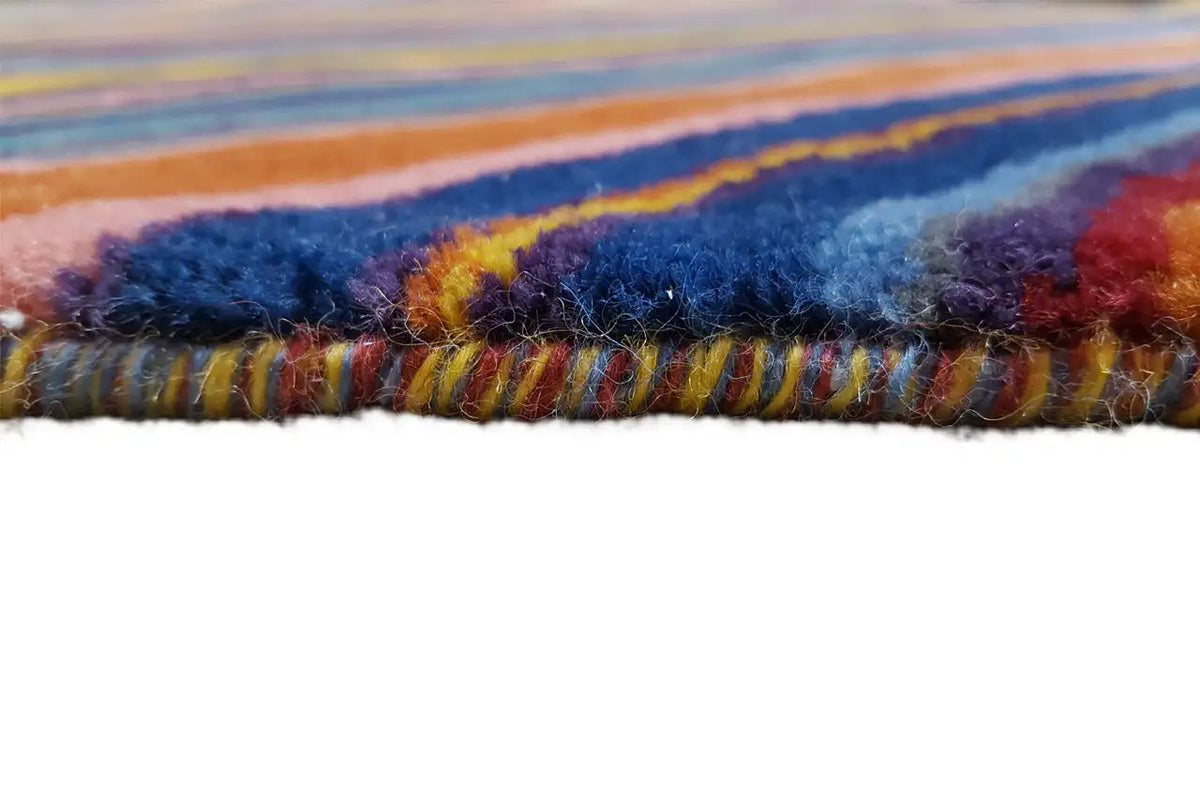 Carpet edge in detail: multicolored stripes, textured pile, and edging