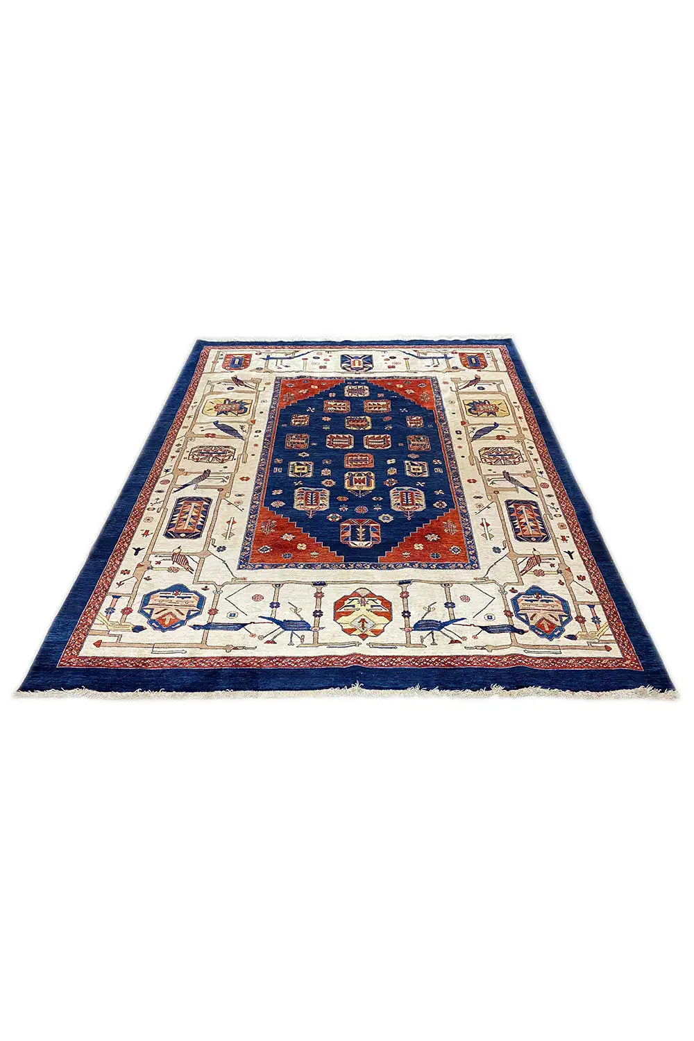 Oriental rug with a blue central medallion, cream-colored borders, and red accents