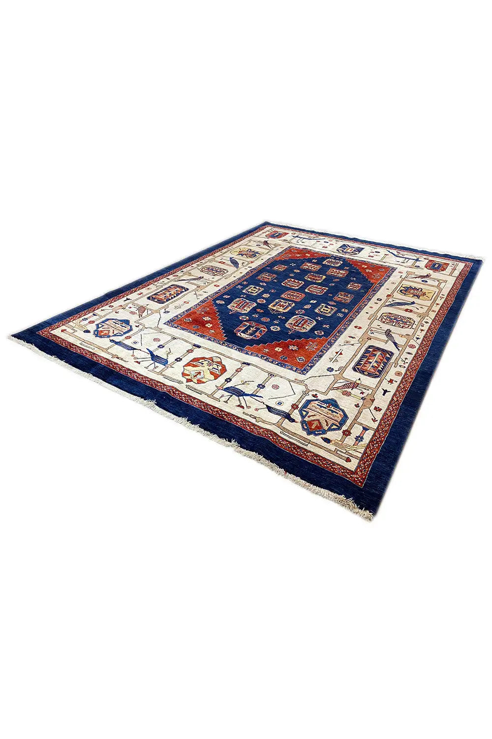 Blue and cream oriental rug with a rectangular pattern and decorative border