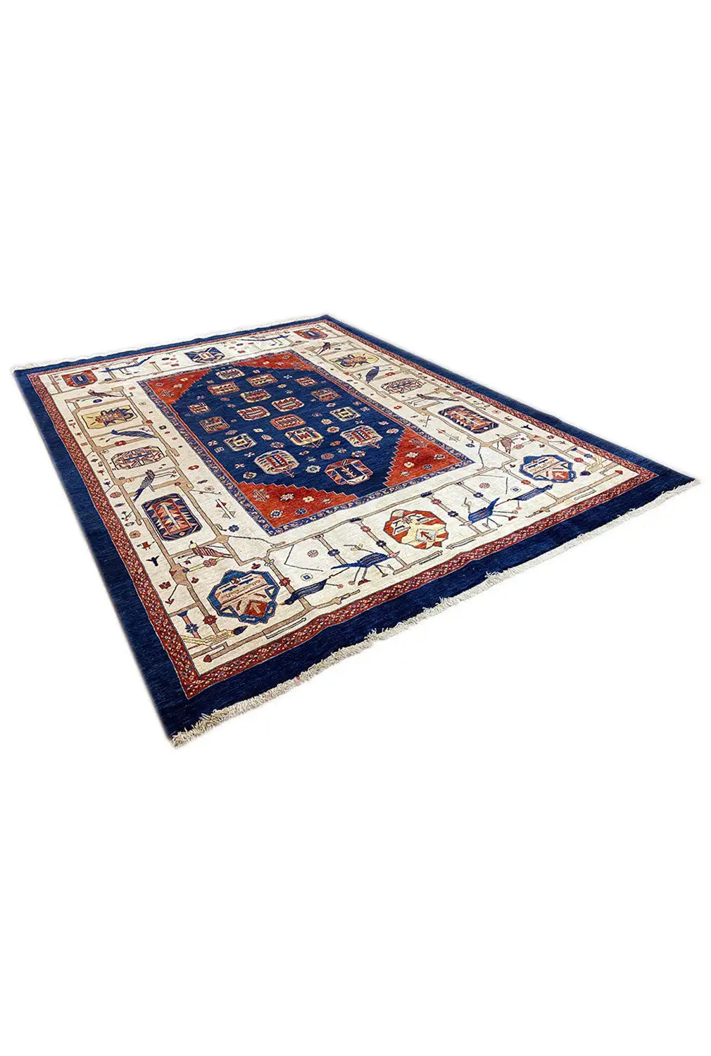 Oriental rug with a geometric medallion, cream-colored areas, and a blue border