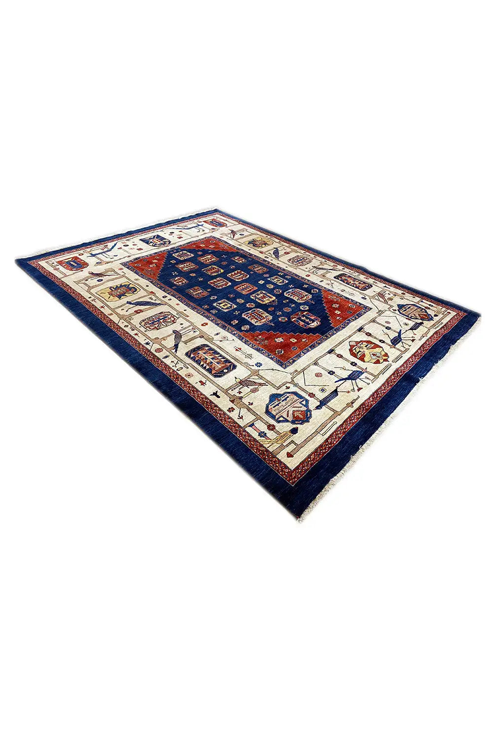 Oriental rug with a central pattern, blue border, and cream-red ornaments
