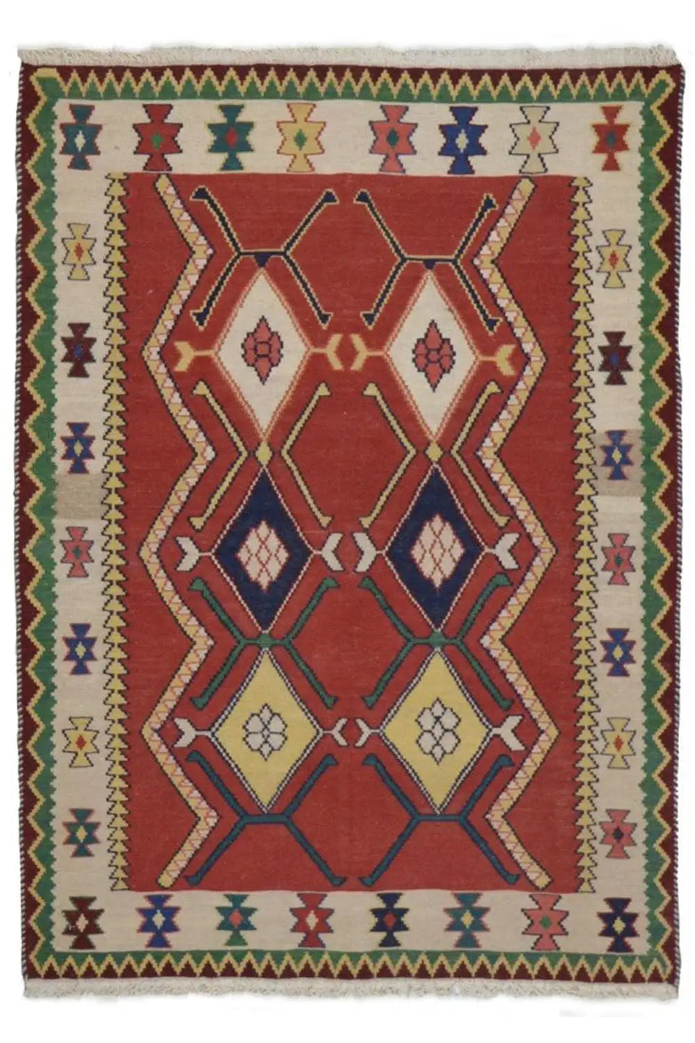 Kilim Qashqai rug, multicolored, central red diamond pattern with border, 143x107 cm