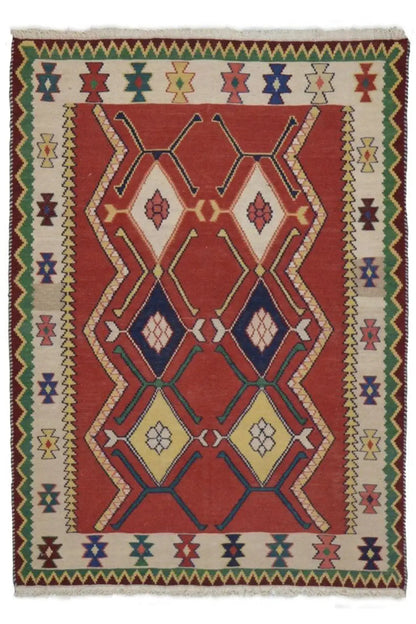 Kilim Qashqai rug, multicolored, central red diamond pattern with border, 143x107 cm
